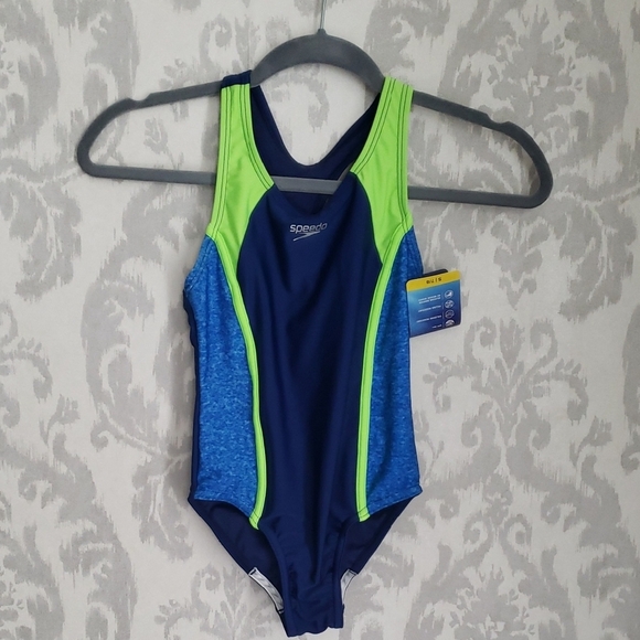 Speedo Kids One Piece Swimsuit - Navy and Neon Green - Picture 1 of 3